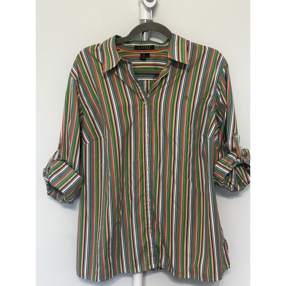 Lauren Ralph Lauren Multi Color Striped Cotton Button Down Shirt 1X LRL Logo